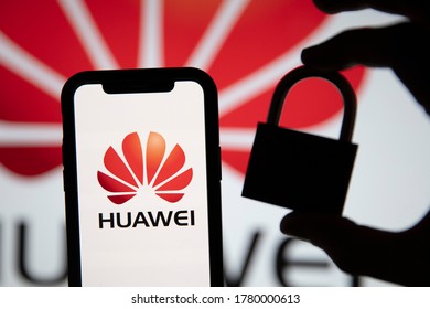 LONDON, UK - July 2020: Huawei Security Concept. Had With A Padlock