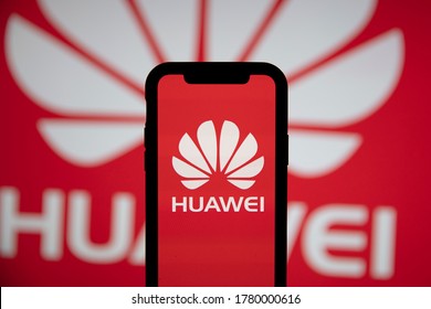 LONDON, UK - July 2020: Huawei Company Logo On A Smartphone