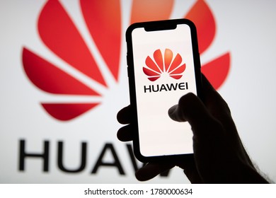 LONDON, UK - July 2020: Huawei Company Logo On A Smartphone