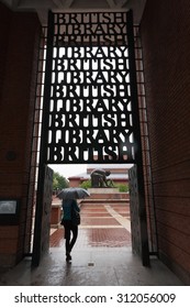 LONDON, UK - JULY 24, 2015: Gate Of British Library, Designed By Colin Wilson, In A Rainy Day.