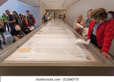 LONDON, UK - JULY 24, 2015 - Magna Carta Embroidery By Cornelia Parker At The British Library.