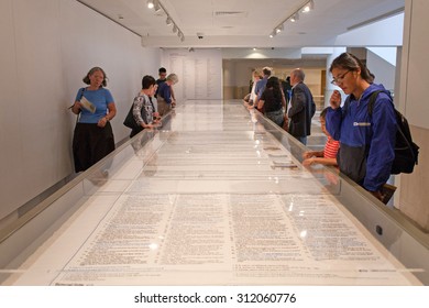 LONDON, UK - JULY 24, 2015 - Magna Carta Embroidery By Cornelia Parker At The British Library.