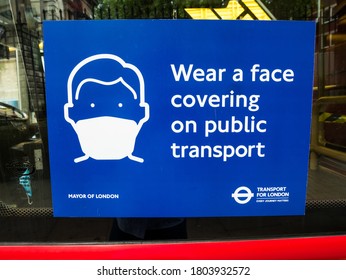 London UK, July 25th 2020: A Red London Bus With A Blue Safety Sign On The Window. Reads 