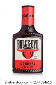 LONDON, UK - JULY 28, 2018: Plastic Bottle Of Bull's Eye BBQ Original Sauce On White Background.