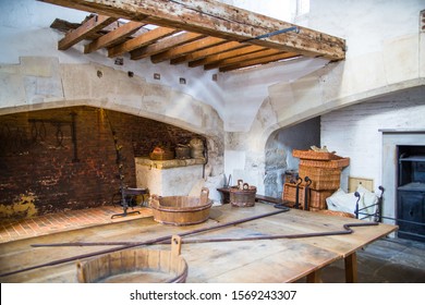 London, UK - July 29, 2019: Fire Place  Tudors Kitchen In The Hampton Court, Belonged To Henry VIII. Locates In West London.