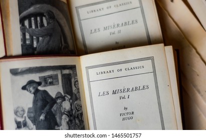 London, UK, July 30, 2019: Close Up Of 'Les Miserables' Old Book By Victor Hugo