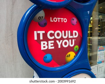 London, UK, July 3rd 2021: A Close-up Of A Shops Lotto Display Stand. Advertising To Play The UK Lottery Games. It Could Be You.