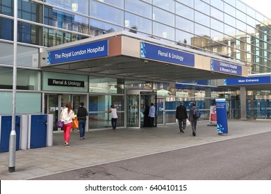 LONDON, UK - JULY 6, 2016: People Enter Royal London Hospital In The UK. RLH Is Part Of Barts Health NHS Trust.