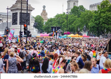 London, UK - JULY 6, 2019: Trafalgar Square In London Full Of People Celebrating London Gay Pride 2019.