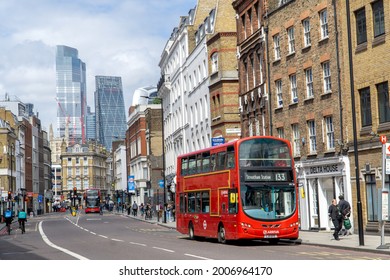London, UK - July 7 2021: Red London double decker bus on Borough High Street
