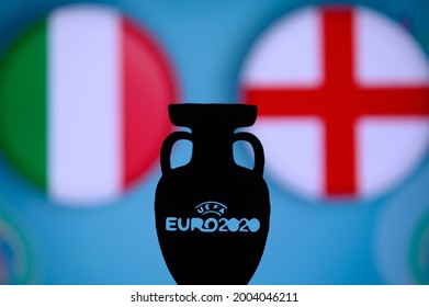 LONDON, UK, JULY 7: Silhouette Of UEFA Euro 2020 Trophy, Before Final Game Italy Vs England, Played At Wemley Stadium In London