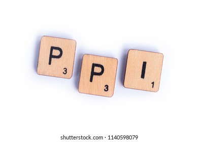 LONDON, UK - JULY 7TH 2018: The Abbreviation PPI - Payment Protection Insurance - Spelt With Wooden Letter Scrabble Tiles, On 7th July 2018.