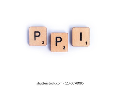 LONDON, UK - JULY 7TH 2018: The Abbreviation PPI - Payment Protection Insurance - Spelt With Wooden Letter Scrabble Tiles, On 7th July 2018.