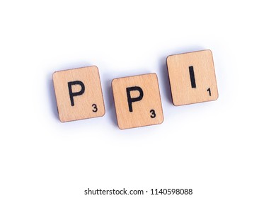 LONDON, UK - JULY 7TH 2018: The Abbreviation PPI - Payment Protection Insurance - Spelt With Wooden Letter Scrabble Tiles, On 7th July 2018.