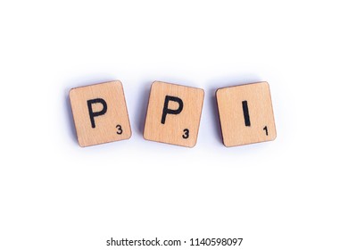 LONDON, UK - JULY 7TH 2018: The Abbreviation PPI - Payment Protection Insurance - Spelt With Wooden Letter Scrabble Tiles, On 7th July 2018.