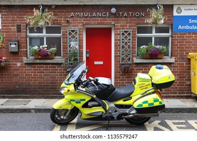 LONDON, UK - JULY 9, 2016: London Ambulance Service Parked At An Ambulance Station. It Is Part Of NHS Ambulance Services Trust. London Ambulance Service Employs 5,000 People.