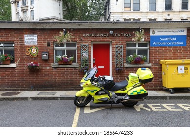 LONDON, UK - JULY 9, 2016: London Ambulance Service Parked At An Ambulance Station. It Is Part Of NHS Ambulance Services Trust. London Ambulance Service Employs 5,000 People.