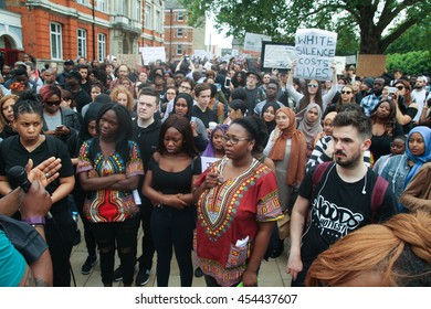 LONDON, UK - JULY 9 2016: Protestors At Windrush Square  As They Prepare To March In Brixton For A Solidarity March Following The Shooting Of Alton Sterling And Philando Castile By Poilice In The USA