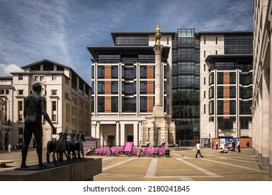 London, UK, July, View Of Paternoster Square With A Sculpture By The Artist Elisabeth Frink, On A Summer Day