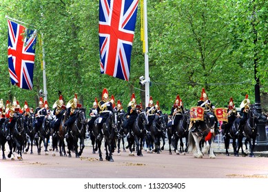 LONDON, UK - JUNE 02: Queen's guards during Trooping the Color ceremony parade on the Mall and at Buckingham Palace, on June 02, 2012 in London.