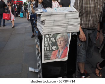 LONDON, UK - JUNE 09, 2017: Theresa May on the Evening Standard front page on the day after the general elections which resulted in a hung parliament
