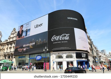 London, UK, June 1, 2019: Famous Piccadilly Circus New Electronic Advertising Screens In London, England, United Kingdom, Europe 