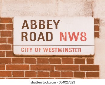 LONDON, UK - JUNE 10, 2015: Abbey Road Sign Made Famous By The 1969 Beatles Album Cover, Vintage