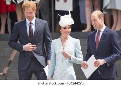 LONDON, UK - JUNE 10: Princess Kate Middleton, Prince William And Harry Are Seen On The Steps Of St Pauls On The June 10, 2016 In London, UK