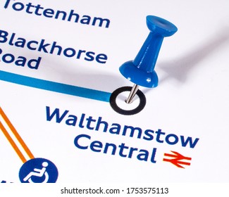 London, UK - June 10th 2020: A Map Pin Marking The Location Of Walthamstow Central Station On A London Underground Tube Map.