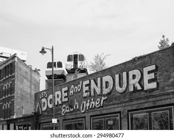 LONDON, UK - JUNE 12, 2015: Village Underground Music Venue In Shoreditch In Black And White