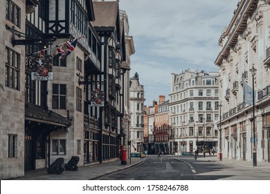 London, UK - June 13, 2020: View Of Empty Great Marlborough Street In Front Of Closed Shops And Liberty Department Store In Soho, An Area Of London Famous For Its Shops And Restaurants.