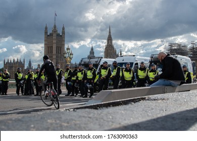 London, UK, June 13 2020. Police Line On Westminster Bridge During Protest