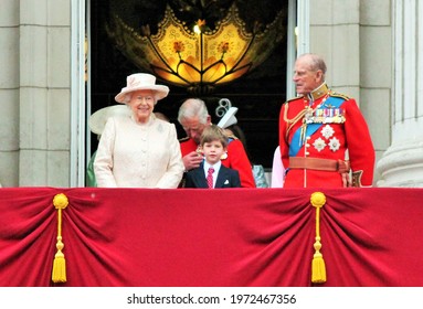 LONDON, UK - JUNE 13: Queen Elizabeth And Prince Philip Duke Of Edinburgh Royal Family Appears On Buckingham Palace Balcony During Trooping The Colour Ceremony  June 13, 2015 London, England, UK