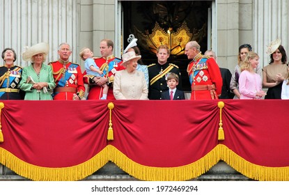 LONDON, UK - JUNE 13: Royal Family On Buckingham Palace Balcony, Queen Elizabeth, Prince Philip William, Charles Harry Anne Trooping The Colour Ceremony, Prince Georges 1st Public June 13, 2015 London