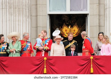 LONDON, UK - JUNE 13: Royal Family On Buckingham Palace Balcony, Queen Elizabeth, Prince Philip William, Charles Harry Anne Trooping The Colour Ceremony, Prince Georges 1st Public June 13, 2015 London