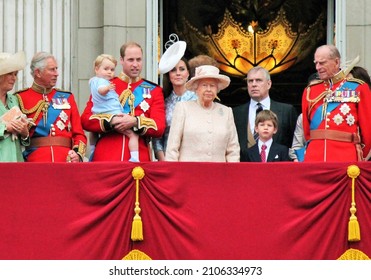 LONDON, UK - JUNE 13: Royal Family On Buckingham Palace Balcony During Trooping The Colour Ceremony, Prince Andrew, William, Charles Philip George On Balcony, June 13, 2015 In London, England, UK