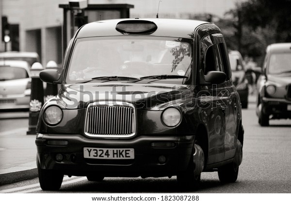 London, UK - June 14, 2012:\
TX1, London Taxi, also called hackney carriage, black cab.\
Traditionally Taxi cabs are all black in London but now produced in\
various colors.