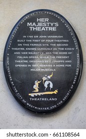 LONDON, UK - JUNE 14TH 2017: A Plaque Detailing The History Of Her Majestys Theatre On Haymarket In London, On 14th June 2017.