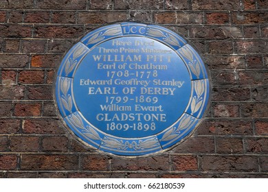 LONDON, UK - JUNE 14TH 2017: A Blue Plaque Marking The Location Where Three Former Prime Ministers Have Lived In St. Jamess Square In London, UK, On 14th June 2017.