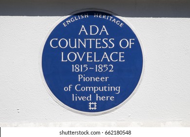 LONDON, UK - JUNE 14TH 2017: A Blue Plaque Marking The Location Where Ada Countess Of Lovelace Lived In St. Jamess Square In London, UK, On 14th June 2017.