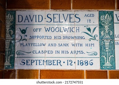 London, UK - June 14th 2022: Plaque At The Memorial To Heroic Self-Sacrifice In Postmans Park In London, UK - Commemorating Ordinary People Who Died While Saving The Lives Of Others.