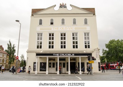 LONDON, UK  JUNE 16, 2014:  Facade Of The Historic Old Vic Theatre In Lambeth, South London.  The Theatre Is Showing A Highly Regarded Production Of The Crucible By Arthur Miller.