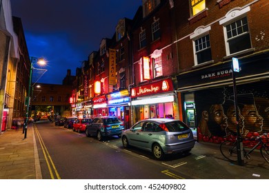 London, UK - June 16, 2016: Brick Lane In The London District Shoreditch At Night. Shoreditch Is A Inner City District Of London. It Was One Of The Poorer Districts But Today Very Trendy.