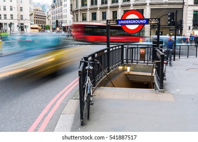 London, UK - June 16, 2016: Entrance To Monument Station Of London Subway With Unidentified People. Monument And Linked Bank Station Are One Of The Busiest Station Complexes In London