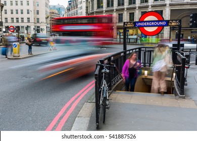 London, UK - June 16, 2016: Entrance To Monument Station Of London Subway With Unidentified People. Monument And Linked Bank Station Are One Of The Busiest Station Complexes In London