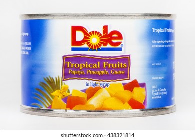 LONDON, UK - JUNE 16TH 2016: A Tin Of Tropical Fruit Produced By Dole Food Company Inc, On 16th June 2016. The US Company And Are The Largest Producer Of Fruits And Vegetables In The World.