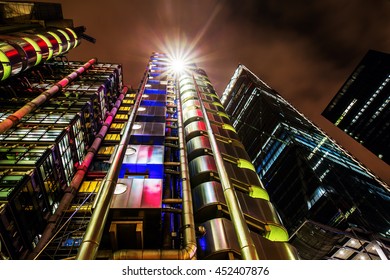 London, UK - June 17, 2016: Lloyds building at night. The modern and exceptional Lloyd's building, located in the City of London, was designed by architect Richard Rogers and completed in 1986