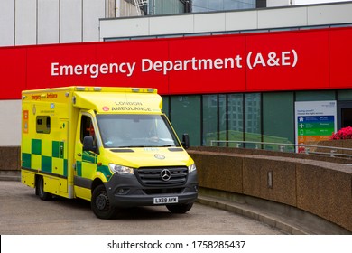 London, UK - June 17th 2020: Ambulance Parked Up Outside The Accident And Emergency Department At St. Thomas Hospital In London, UK.