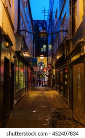 London, UK - June 18, 2016: Dark Alley In Chinatown Of London At Night. Chinatown Is Part Of The Soho Area With A Range Of Chinese Restaurants And Other Chinese Run Businesses.