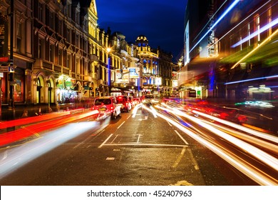 London, UK - June 18, 2016: Shaftesbury Avenue At Night. It Is Running From Piccadilly Circus To New Oxford Street And Is Generally Considered The Heart Of Londons West End Theatre District